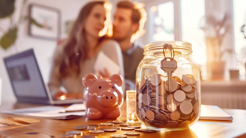 Paar mit Laptop und Sparschwein für Immobilienkauf