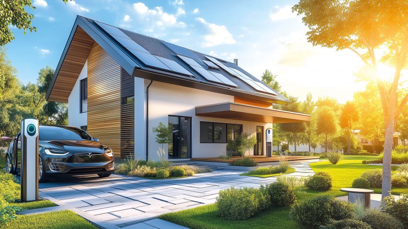 Haus mit Solarpanelen und Elektroauto im Garten