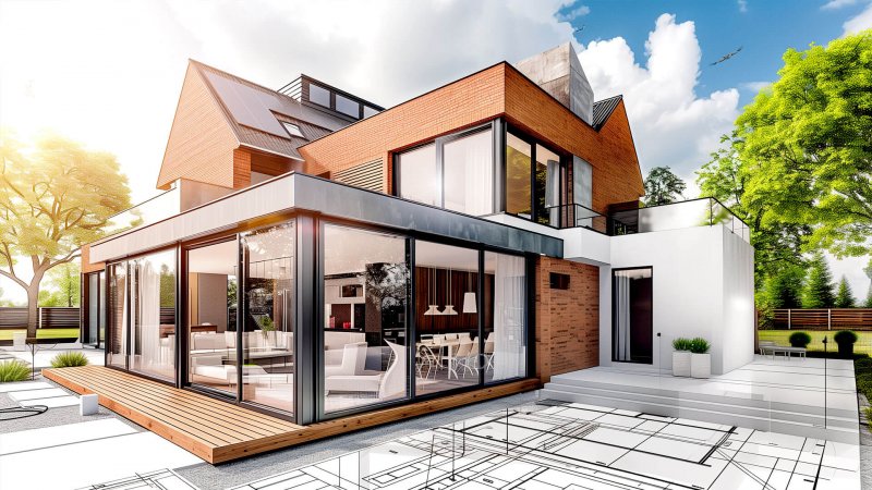 Moderner Hausanbau mit großer Glasfront und Terrasse