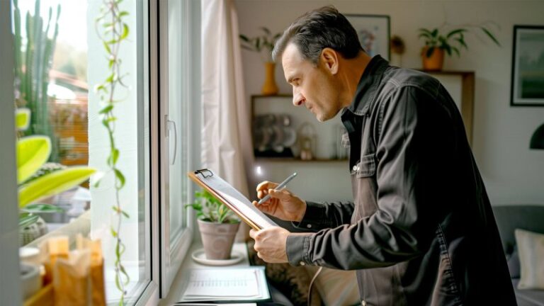 Mann inspiziert Haus mit Klemmbrett am Fenster