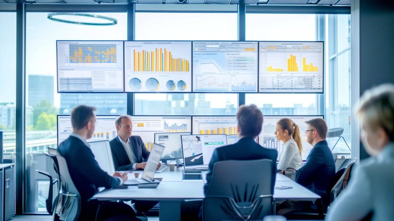 Geschäftsleute analysieren Immobilienmarkt-Daten auf Bildschirmen