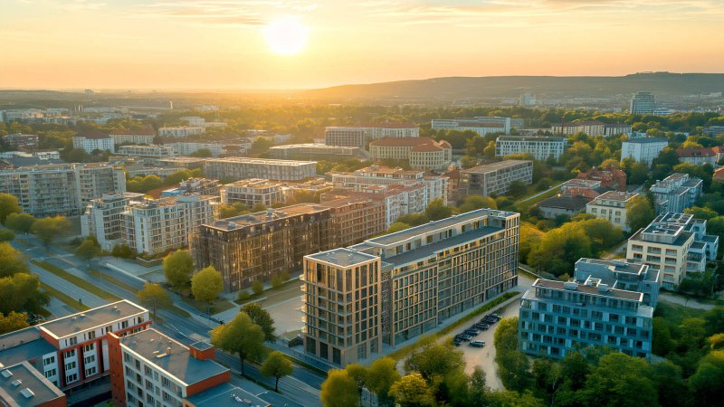 Luftaufnahme einer modernen Stadt bei Sonnenuntergang