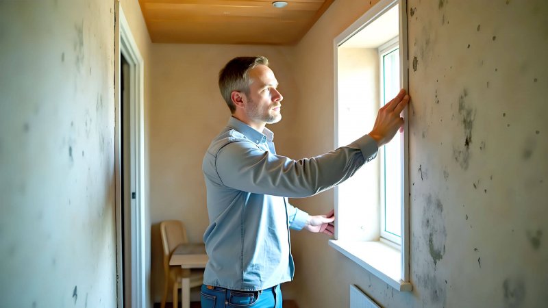 Mann inspiziert schimmelbefallene Wand in einem Raum