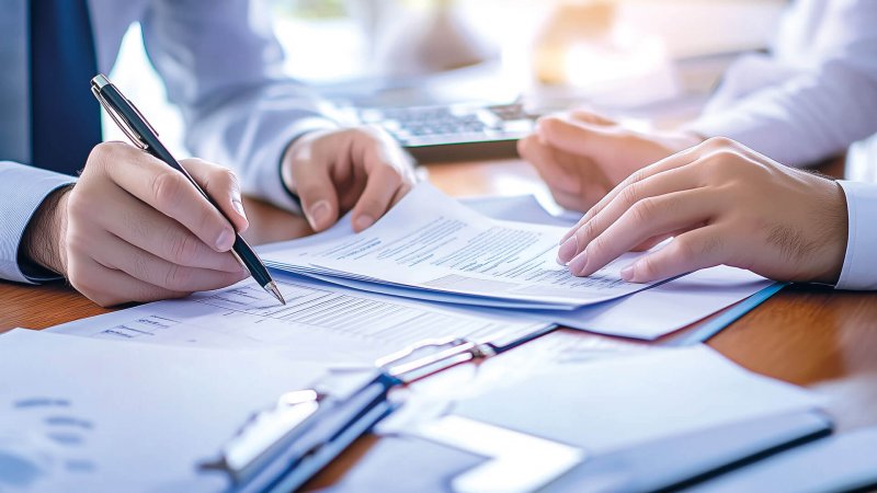 Zwei Personen unterzeichnen Mietverträge am Schreibtisch