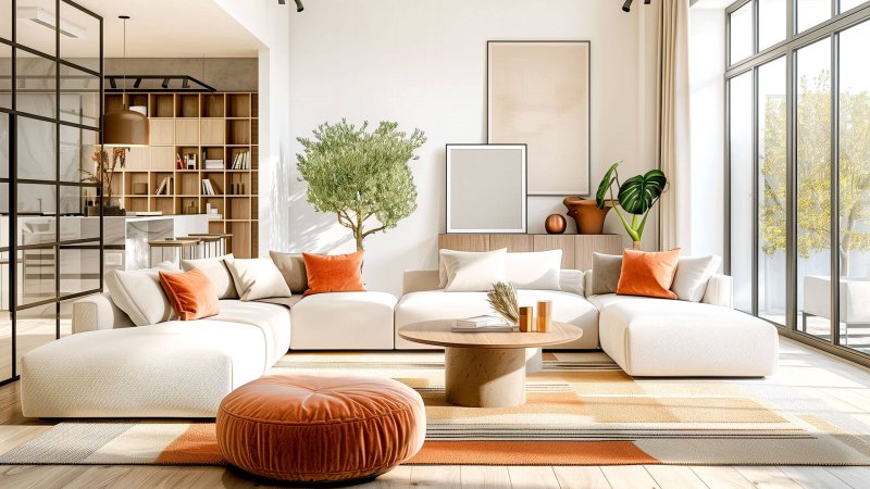 Helles Wohnzimmer mit weißen Sofas und großen Fenstern