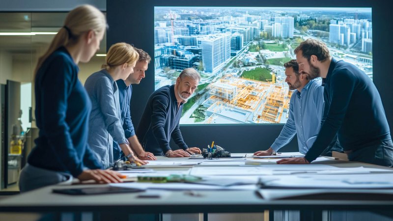 Team bei der Bauplanung mit Stadtmodell