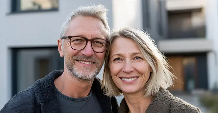 Lächelndes Paar vor einem modernen Gebäude