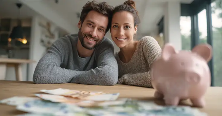 Lächelndes Paar mit Sparschwein und Geldscheinen