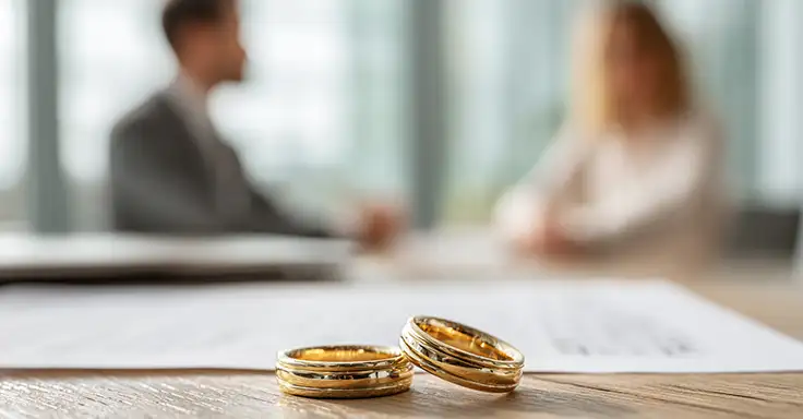 Zwei Eheringe auf einem Tisch vor einem Paar im Hintergrund