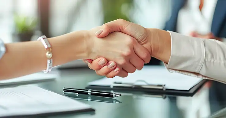 Händedruck über einem Vertrag auf einem Tisch